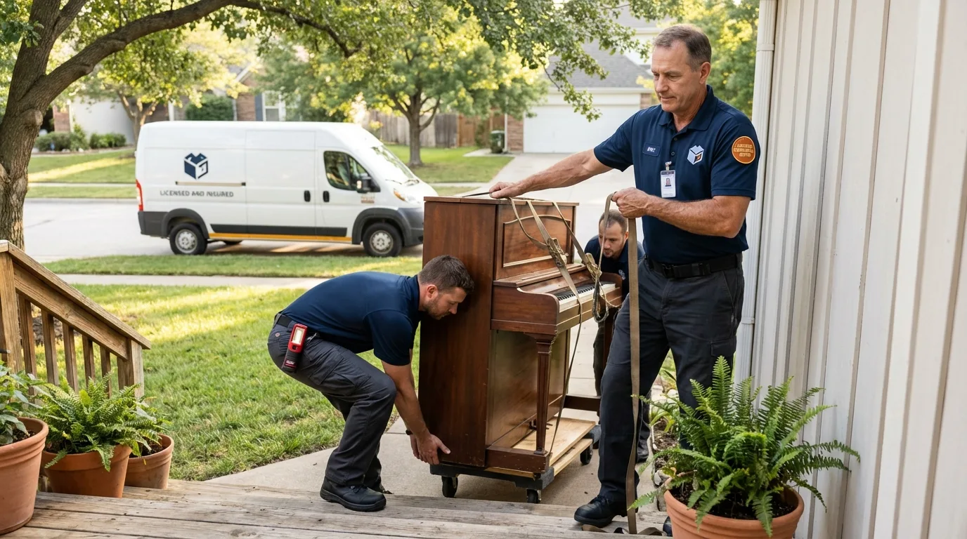 Licensed piano movers securing grand piano in Ilion, NY