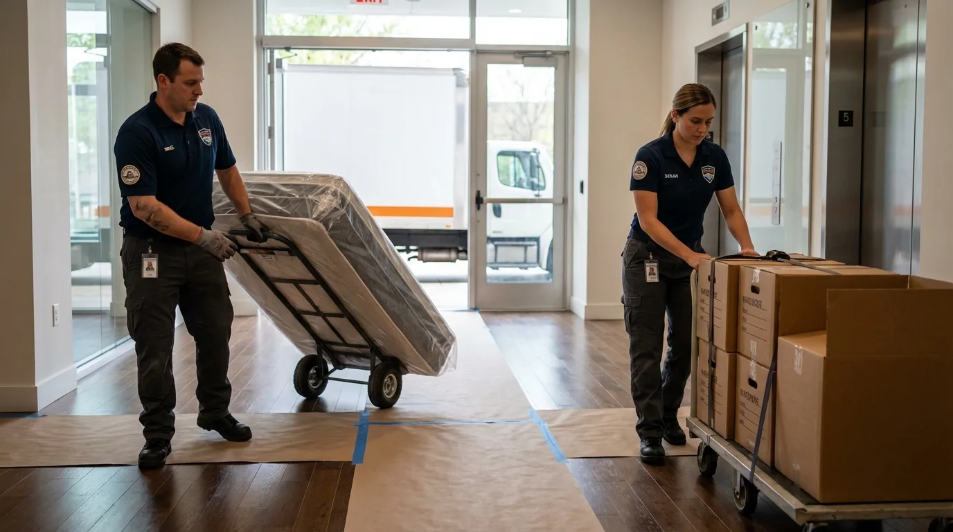 Professional apartment movers loading elevator in Ilion, NY